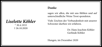 Traueranzeige von Liselotte Köhler von Licher Wochenblatt