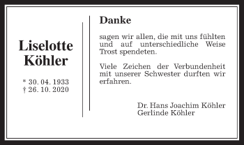 Traueranzeige von Liselotte Köhler von Giessener Allgemeine, Alsfelder Allgemeine