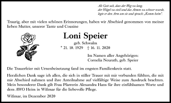 Traueranzeige von Loni Speier von Giessener Allgemeine, Alsfelder Allgemeine