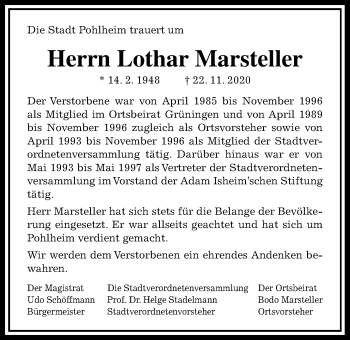 Traueranzeige von Lothar Marsteller von Pohlheimer Nachrichten