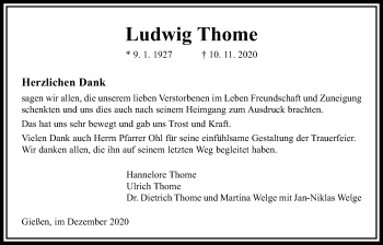 Traueranzeige von Ludwig Thome von Giessener Allgemeine, Alsfelder Allgemeine