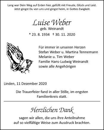Traueranzeige von Luise Weber von Giessener Allgemeine, Alsfelder Allgemeine