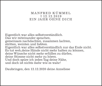 Traueranzeige von Manfred Kümmel von Giessener Allgemeine, Alsfelder Allgemeine