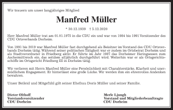 Traueranzeige von Manfred Müller von Wetterauer Zeitung