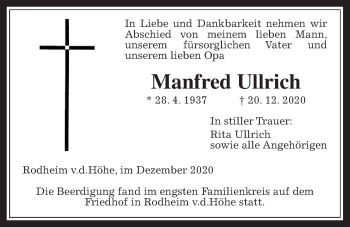 Traueranzeige von Manfred Ullrich von Wetterauer Zeitung