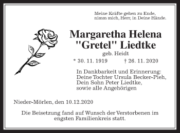 Traueranzeige von Margaretha Helena Liedtke von Wetterauer Zeitung