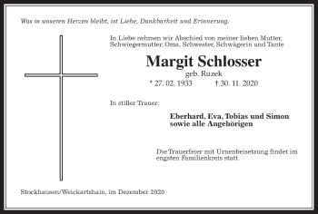 Traueranzeige von Margit Schlosser von Giessener Allgemeine, Alsfelder Allgemeine