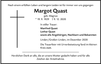 Traueranzeige von Margot Quast von Giessener Allgemeine, Alsfelder Allgemeine