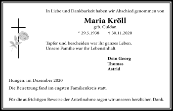 Traueranzeige von Maria Kröll von Licher Wochenblatt