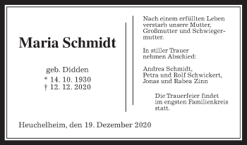 Traueranzeige von Maria Schmidt von Giessener Allgemeine, Alsfelder Allgemeine