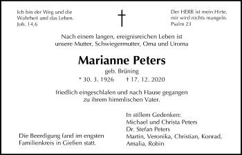 Traueranzeige von Marianne Peters von Giessener Allgemeine, Alsfelder Allgemeine