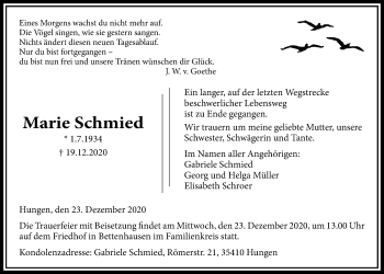 Traueranzeige von Marie Schmied von Licher Wochenblatt