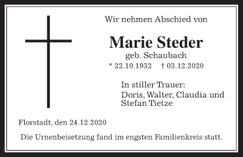 Traueranzeige von Marie Steder von Wetterauer Zeitung