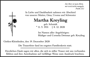 Traueranzeige von Martha Kreyling von Giessener Allgemeine, Alsfelder Allgemeine