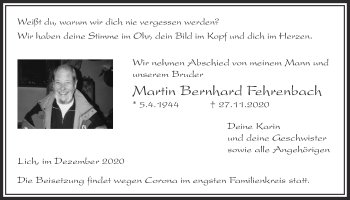 Traueranzeige von Martin Bernhard Fehrenbach von Licher Wochenblatt