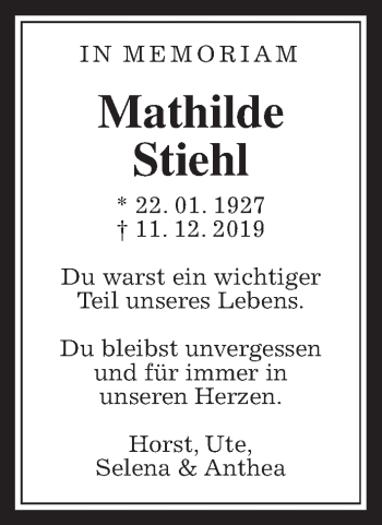 Traueranzeige von Mathilde Stiehl von Giessener Allgemeine, Alsfelder Allgemeine