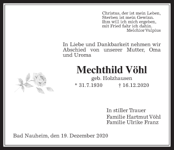 Traueranzeige von Mechthild Vöhl von Wetterauer Zeitung