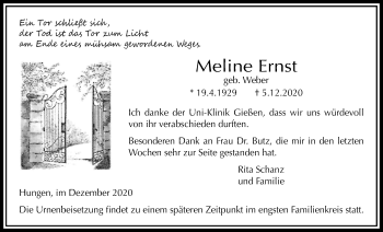 Traueranzeige von Meline Ernst von Licher Wochenblatt