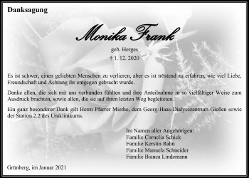 Traueranzeige von Monika Frank von Giessener Allgemeine, Alsfelder Allgemeine