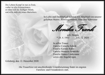 Traueranzeige von Monika Frank von Giessener Allgemeine, Alsfelder Allgemeine