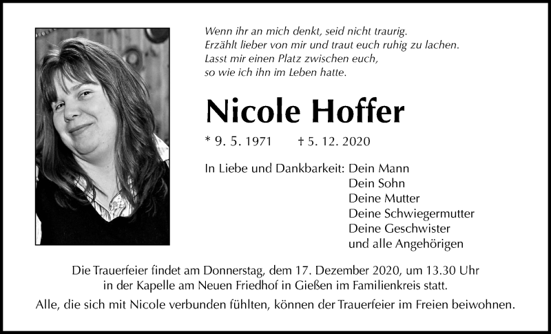  Traueranzeige für Nicole Hoffer vom 12.12.2020 aus Giessener Allgemeine, Alsfelder Allgemeine