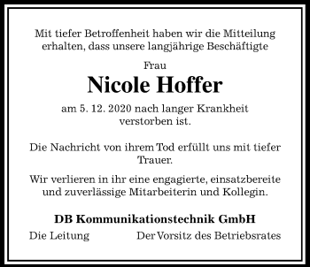Traueranzeige von Nicole Hoffer von Giessener Allgemeine, Alsfelder Allgemeine