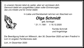 Traueranzeige von Olga Schmidt von Licher Wochenblatt