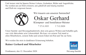 Traueranzeige von Oskar Gerhard von Giessener Allgemeine, Alsfelder Allgemeine