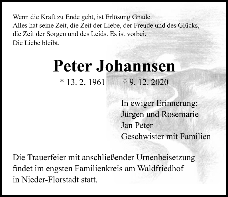  Traueranzeige für Peter Johannsen vom 19.12.2020 aus Wetterauer Zeitung