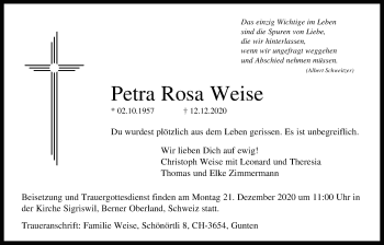 Traueranzeige von Petra Rosa Weise von Bad Vilbel/Karben
