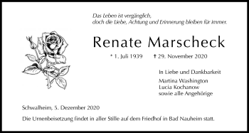 Traueranzeige von Renate Marscheck von Wetterauer Zeitung