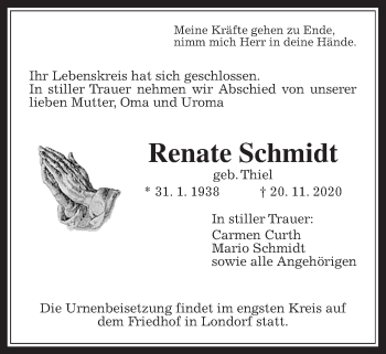 Traueranzeige von Renate Schmidt von Rabenauer Zeitung
