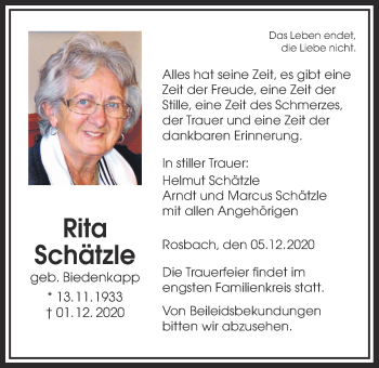 Traueranzeige von Rita Schätzle von Wetterauer Zeitung