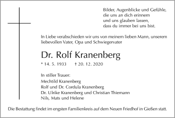 Traueranzeige von Rolf Kranenberg von Giessener Allgemeine, Alsfelder Allgemeine