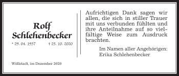 Traueranzeige von Rolf Schlehenbecker von Wetterauer Zeitung, Giessener Allgemeine, Alsfelder Allgemeine