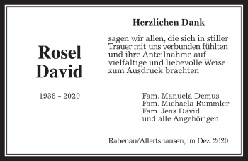 Traueranzeige von Rosel David von Rabenauer Zeitung