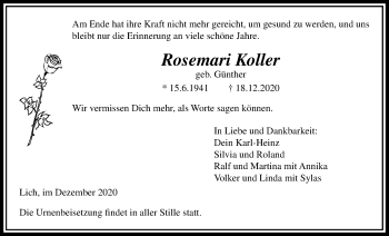 Traueranzeige von Rosemari Koller von Licher Wochenblatt