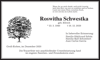 Traueranzeige von Roswitha Schwestka von Mücker Stimme