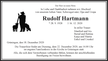 Traueranzeige von Rudolf Hartmann von Giessener Allgemeine, Alsfelder Allgemeine