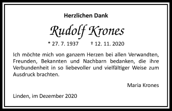 Traueranzeige von Rudolf Krones von Giessener Allgemeine, Alsfelder Allgemeine