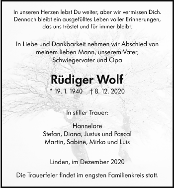 Traueranzeige von Rüdiger Wolf von Giessener Allgemeine, Alsfelder Allgemeine