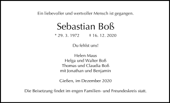 Traueranzeige von Sebastian Boß von Giessener Allgemeine, Alsfelder Allgemeine