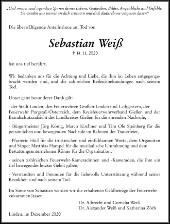 Traueranzeige von Sebastian Weiß von Giessener Allgemeine, Alsfelder Allgemeine