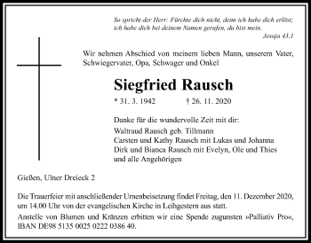 Traueranzeige von Siegfried Rausch von Giessener Allgemeine, Alsfelder Allgemeine
