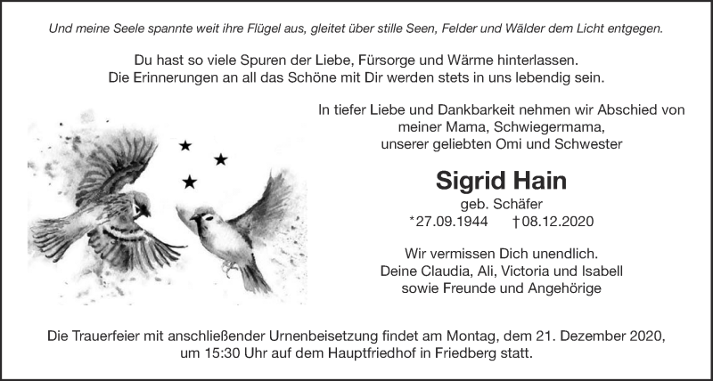  Traueranzeige für Sigrid Hain vom 19.12.2020 aus Wetterauer Zeitung