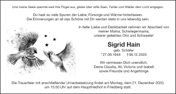 Traueranzeige von Sigrid Hain von Wetterauer Zeitung