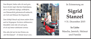 Traueranzeige von Sigrid Stanzel von Giessener Allgemeine, Alsfelder Allgemeine