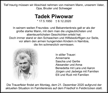 Traueranzeige von Tadek Piwowar von Giessener Allgemeine, Alsfelder Allgemeine