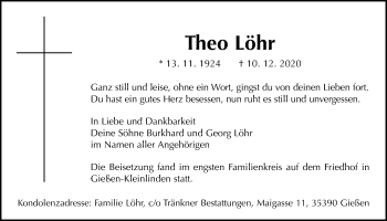 Traueranzeige von Theo Löhr von Giessener Allgemeine, Alsfelder Allgemeine