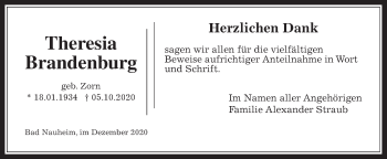 Traueranzeige von Theresia Brandenburg von Wetterauer Zeitung
